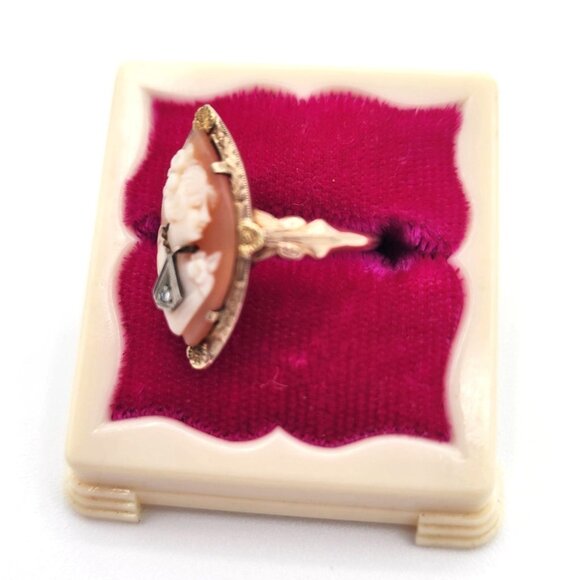 Vintage Cameo Ring With Diamond Accent In Ornate Gold Setting Original Box RARE - Picture 5 of 14